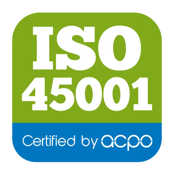 Logo de certification ISO 45001 par acpo pour la sécurité au travail.