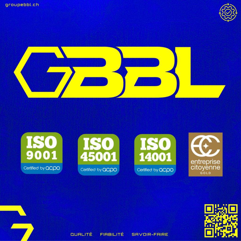 Logo de BBL SA avec certifications ISO et label citoyen en arrière-plan bleu.