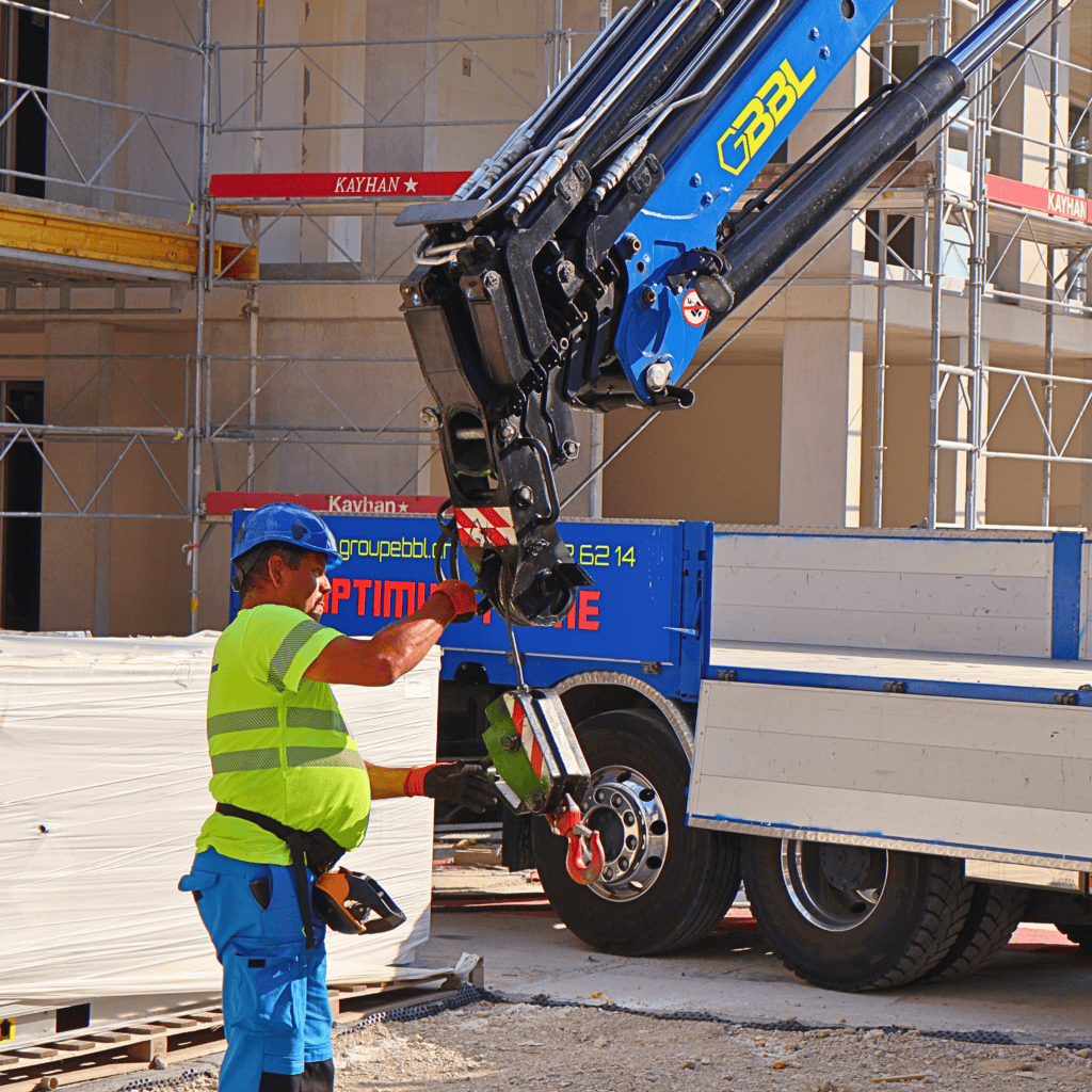 Ouvrier de construction avec casque et gilet réfléchissant utilisant une grue sur un chantier.